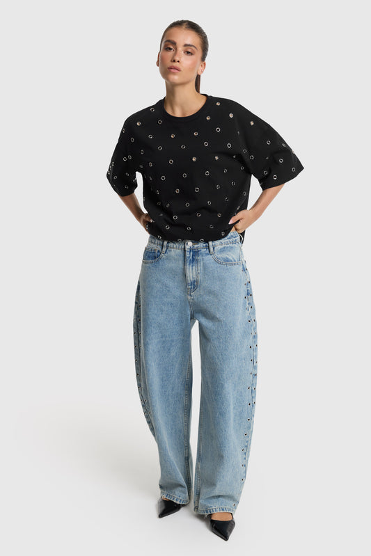 STUDDED BARREL DENIM PANTS