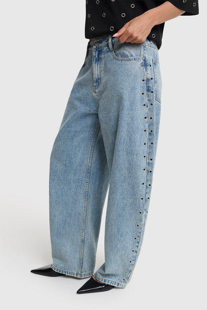 STUDDED BARREL DENIM PANTS