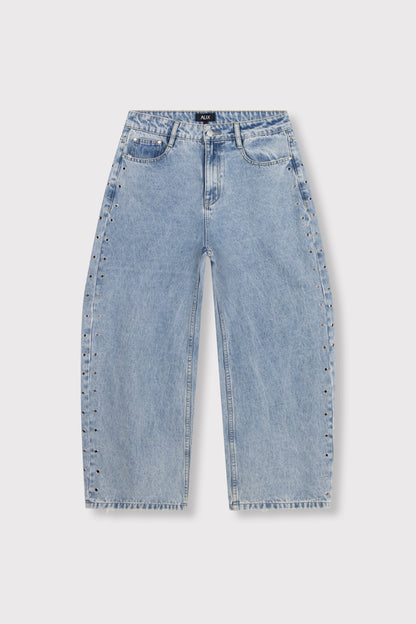 STUDDED BARREL DENIM PANTS