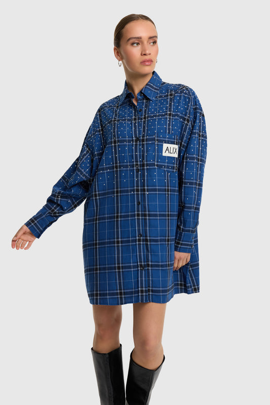 STUDDED CHECK BLOUSE DRESS